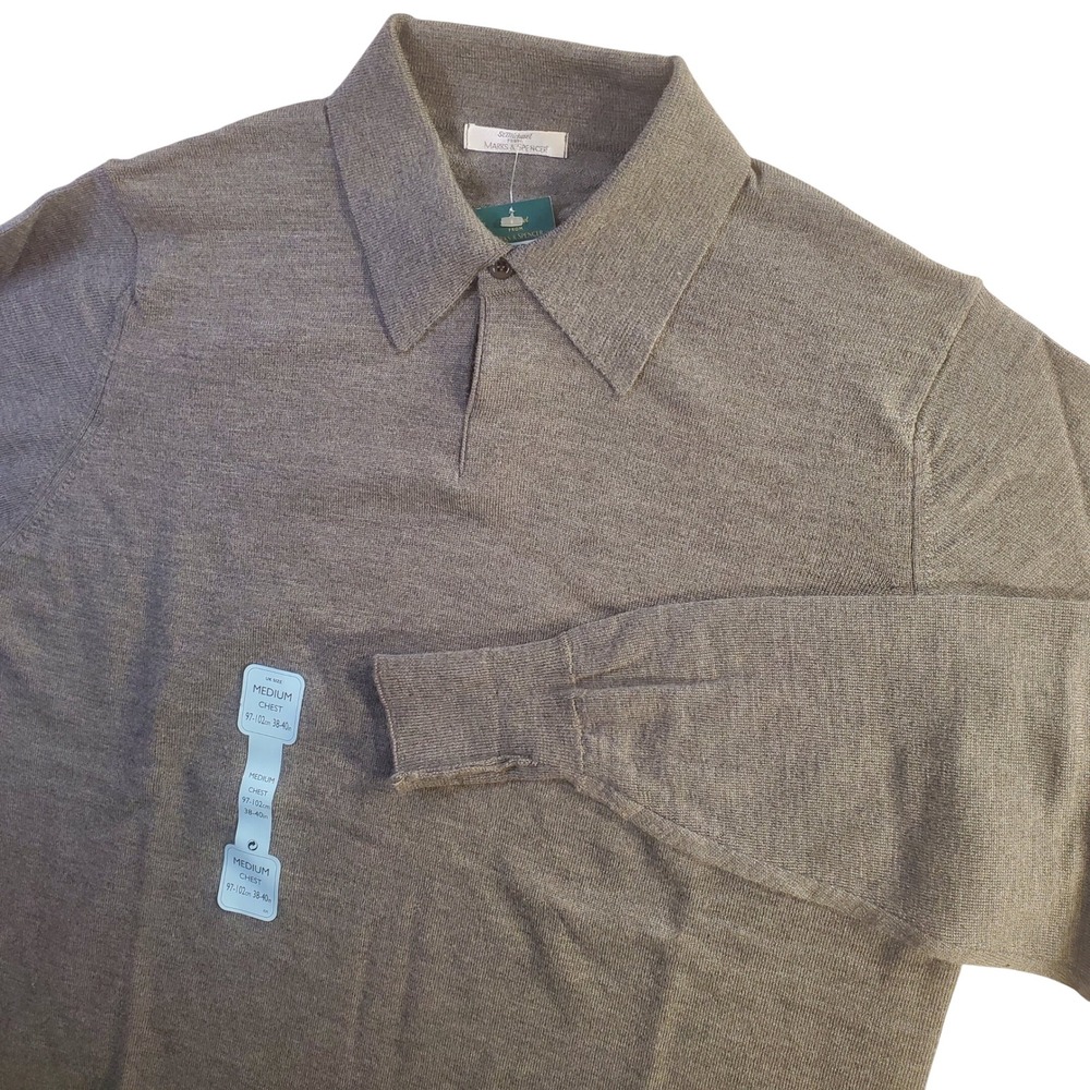 St Michael Marks & Spencer Mens M Grey Knit Polo Sweater Merino Wool UK Made